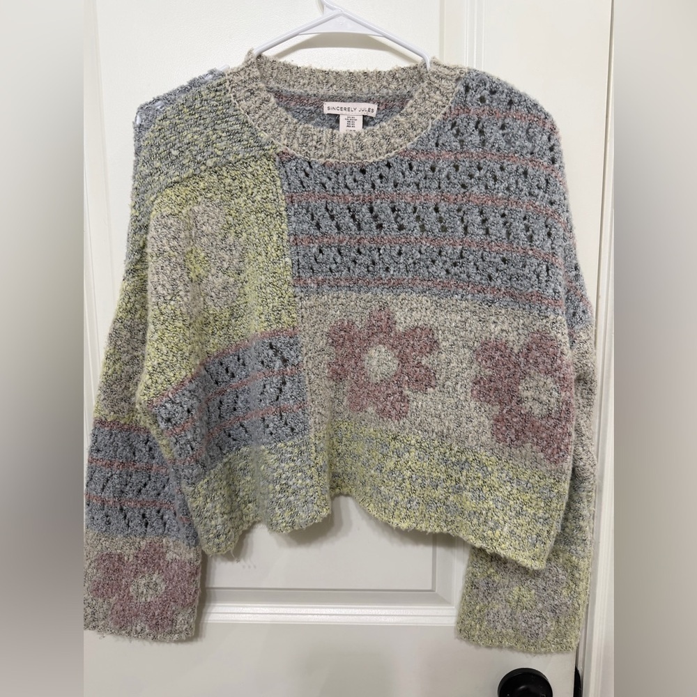 Sincerely Jules Floral Knit Sweater in Gray and Cream - Picture 1 of 5